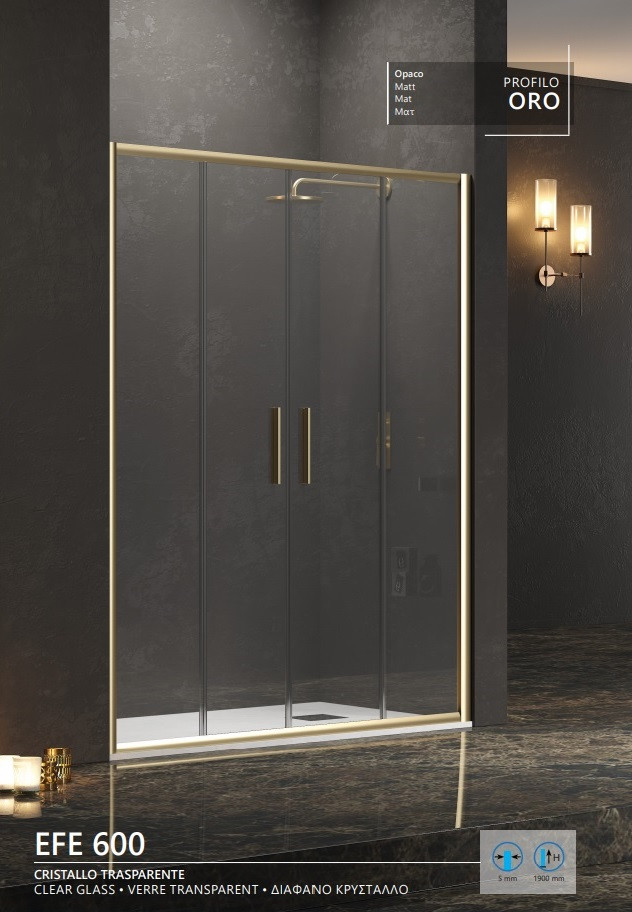 Параван за баня с плъзгащи врати и елементи злато мат - EFE 600 ORO, 170х190 см
