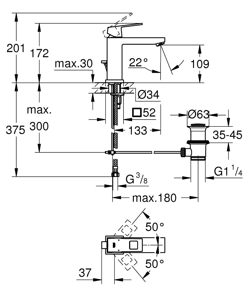 GROHE Eurocube - смесител за умивалник 1/2″, едноръкохватков, M-размер