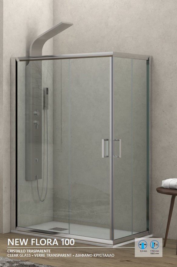 Душ кабина за баня с плъзгащи врати - NEW FLORA 100 CLEAR GLASS, 100x140 см