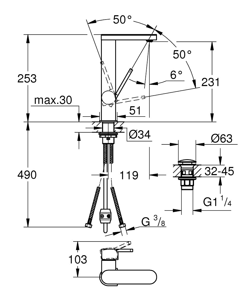 GROHE Plus - смесител за умивалник 1/2″, Click, едноръкохватков, L-размер, с изтеглящ се чучур