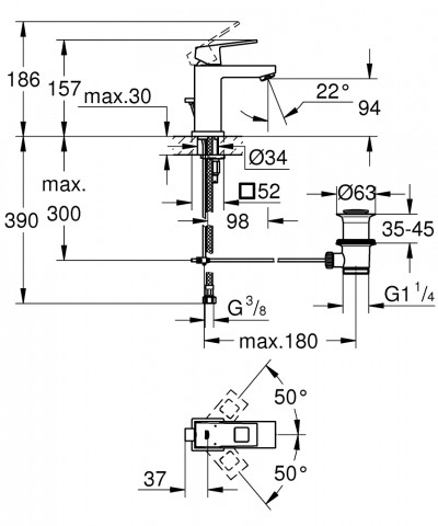 GROHE Eurocube - смесител за умивалник 1/2″, едноръкохватков, S-размер