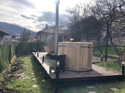 Сауна тип барел S240 с градинска каца от лиственница, с външна печка на дърва, с. Орехово 90